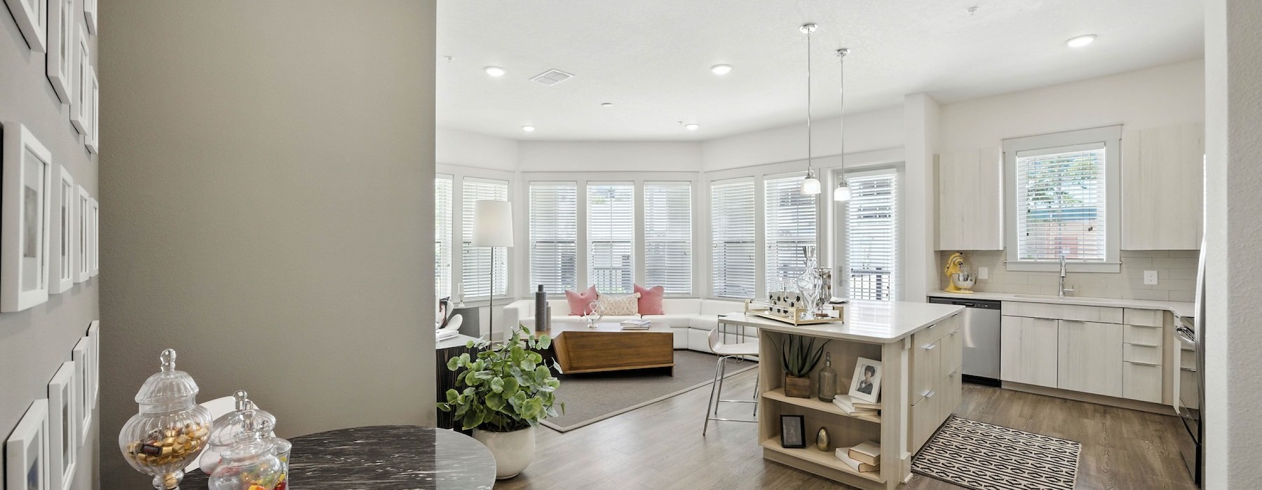 large open layout with living room and kitchen