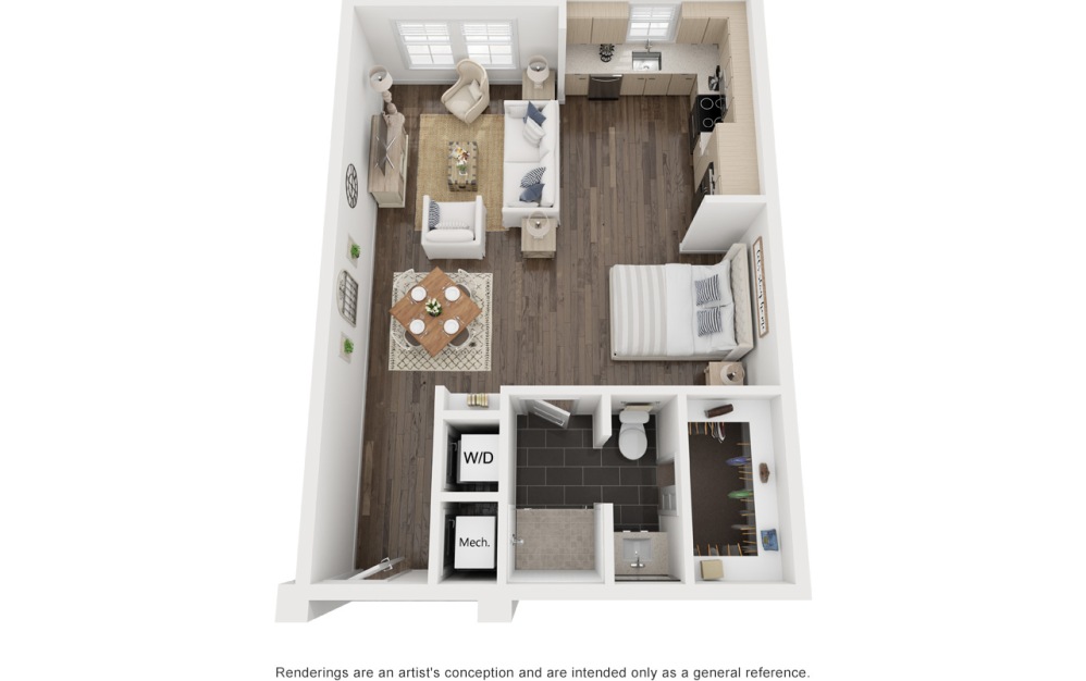 Klein's Kate | S1 - Studio floorplan layout with 1 bathroom and 689 square feet (3D)