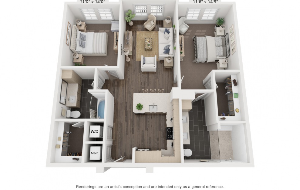 Mapplethorpe's Patti | B1 - 2 bedroom floorplan layout with 2 baths and 1220 square feet. (3D)