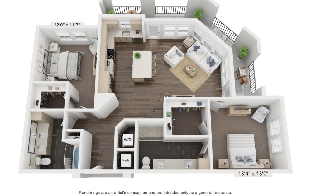 Vadim's Brigitte | B2.1 - 2 bedroom floorplan layout with 2 bathrooms and 1306 square feet (3D)