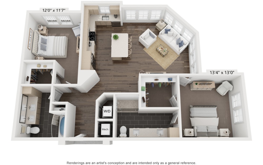 Ray's Kiki | B2 - 2 bedroom floorplan layout with 2 bathrooms and 1306 square feet (3D)