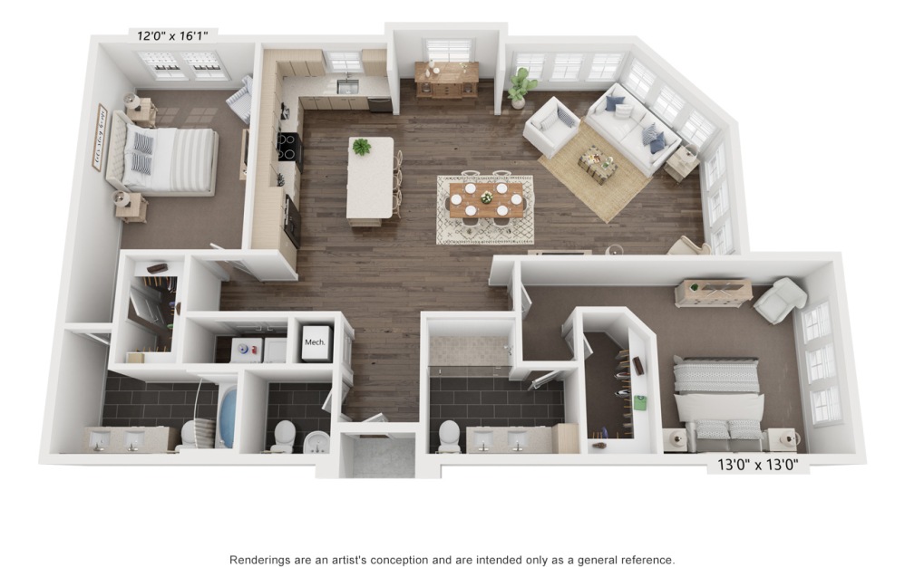 Katz's Ada | B4 - 2 bedroom floorplan layout with 2.5 bathrooms and 1588 square feet (3D)