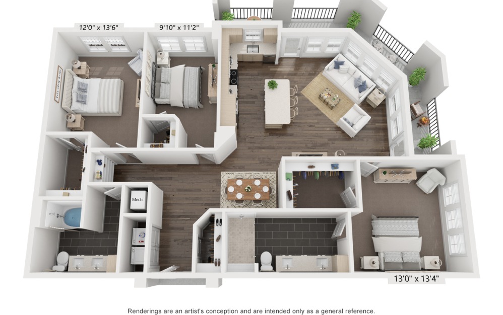 Dylan's Sara | C2 - 3 bedroom floorplan layout with 2 bathrooms and 1606 square feet (3D)