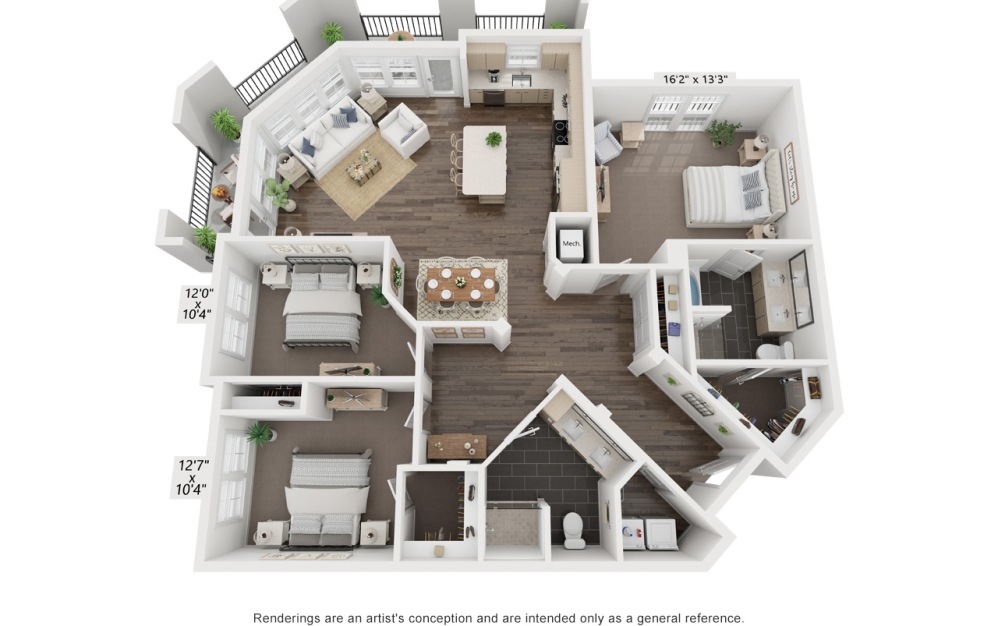 Picasso's Dora | C1 - 3 bedroom floorplan layout with 2 bathrooms and 1710 square feet (3D)